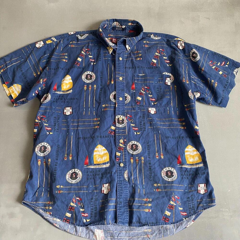 Vintage Chaps Ralph Lauren‎ Shirt Mens XL Blue Paddling Oarsmen Graphic AOP 90s